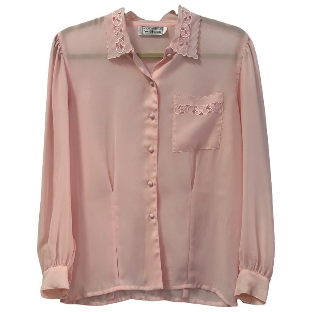 Charlotte VanHorne Womenโs Vintage Sheer Soft Pink Long Sleeve Button Down Sz 10